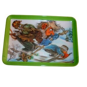 Vintage Troll Gnome Skiing Trinket Tray Green Small Melamine Catchall Dish 6.5"